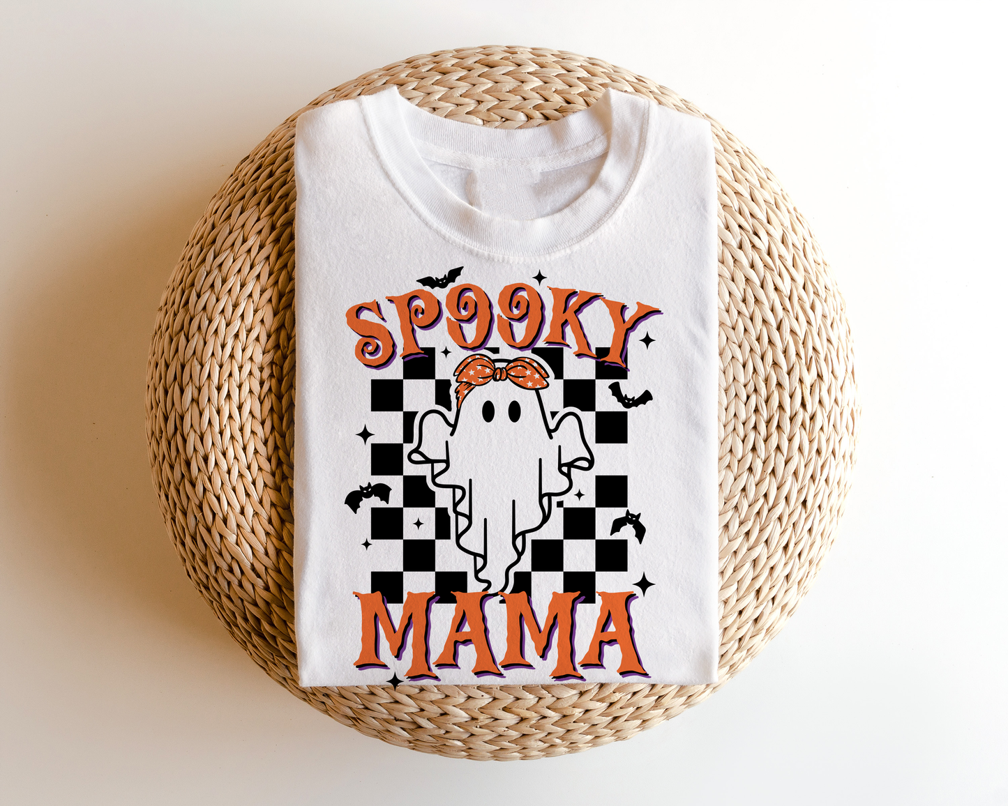 Spooky Mama in checkered Halloween t shirt