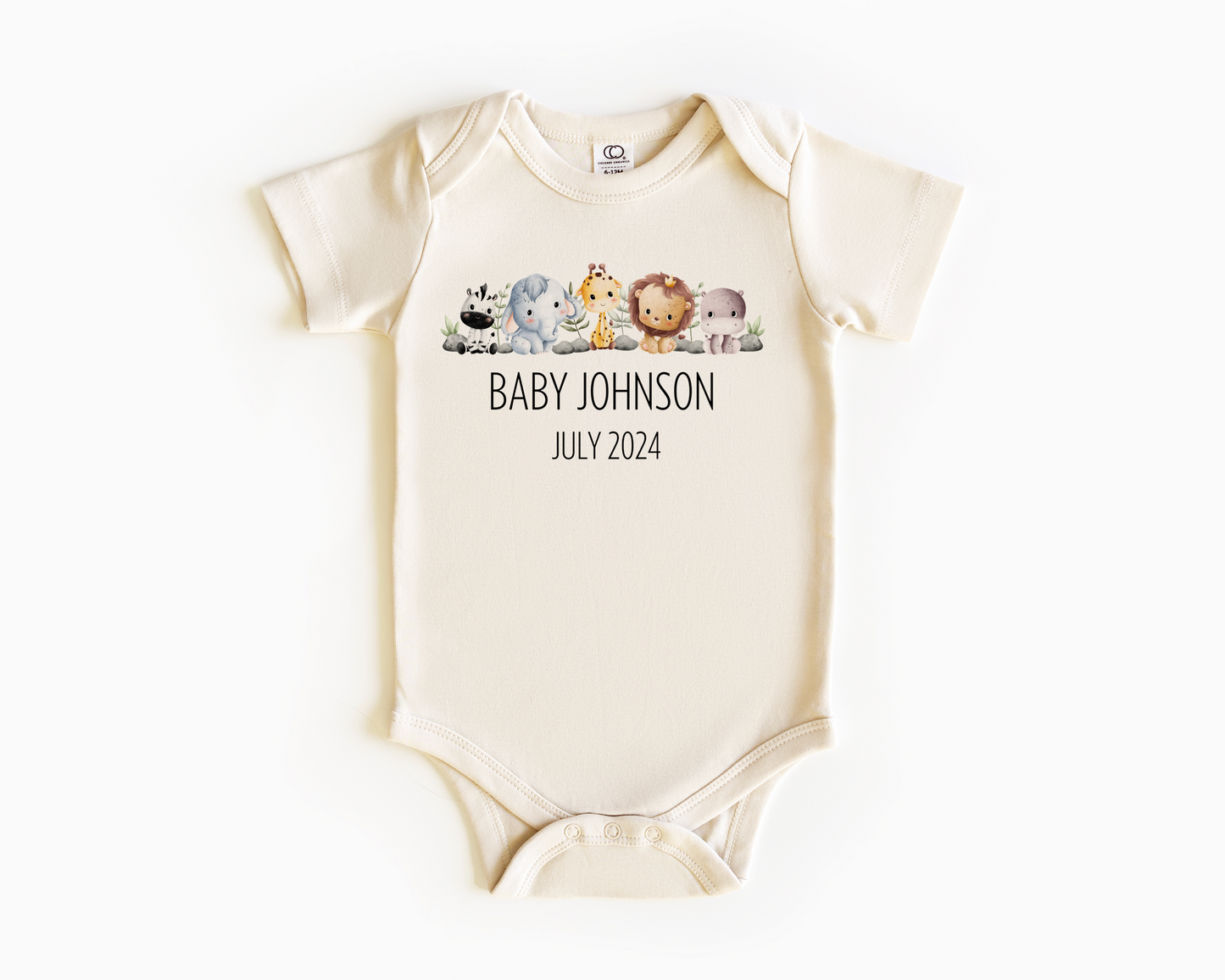 Personalised name Safari Baby Onepiece for Pregnancy Announcement