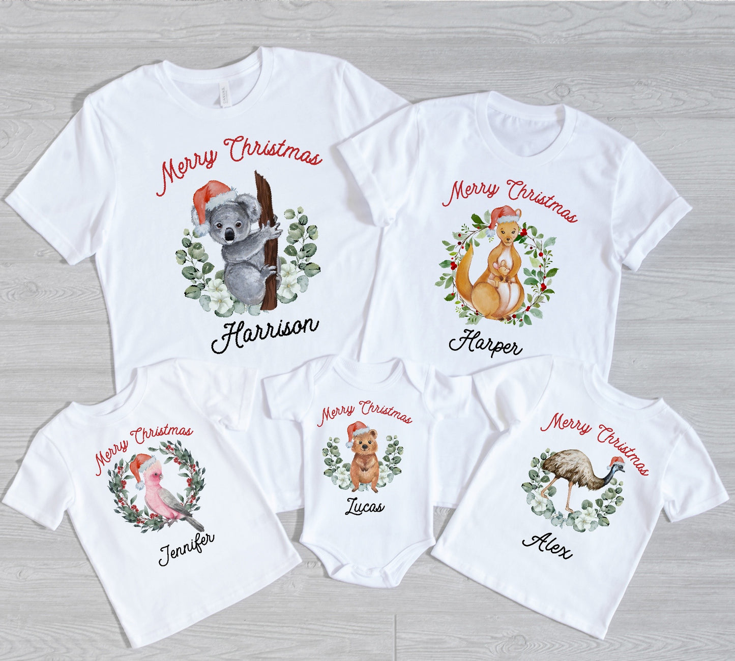 Australian family christmas shirts with Australian animals such as Koala, Quokka, Galah, Emu, and Kangaroo and each wearing Santa hat. Each animal is printed on the shirt with a personalised name.