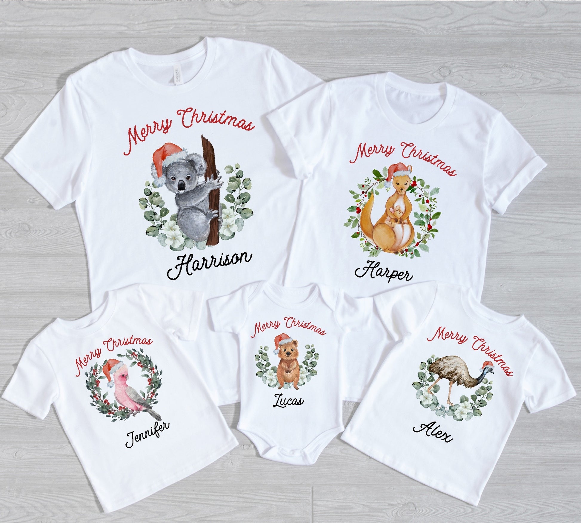 Australian family christmas shirts with Australian animals such as Koala, Quokka, Galah, Emu, and Kangaroo and each wearing Santa hat. Each animal is printed on the shirt with a personalised name.