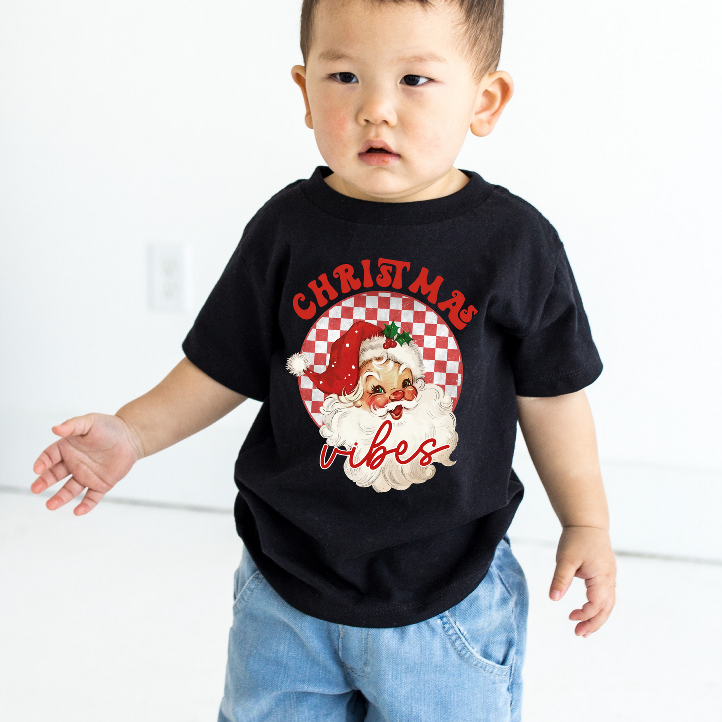 Red Santa Christmas vibes kids t shirts