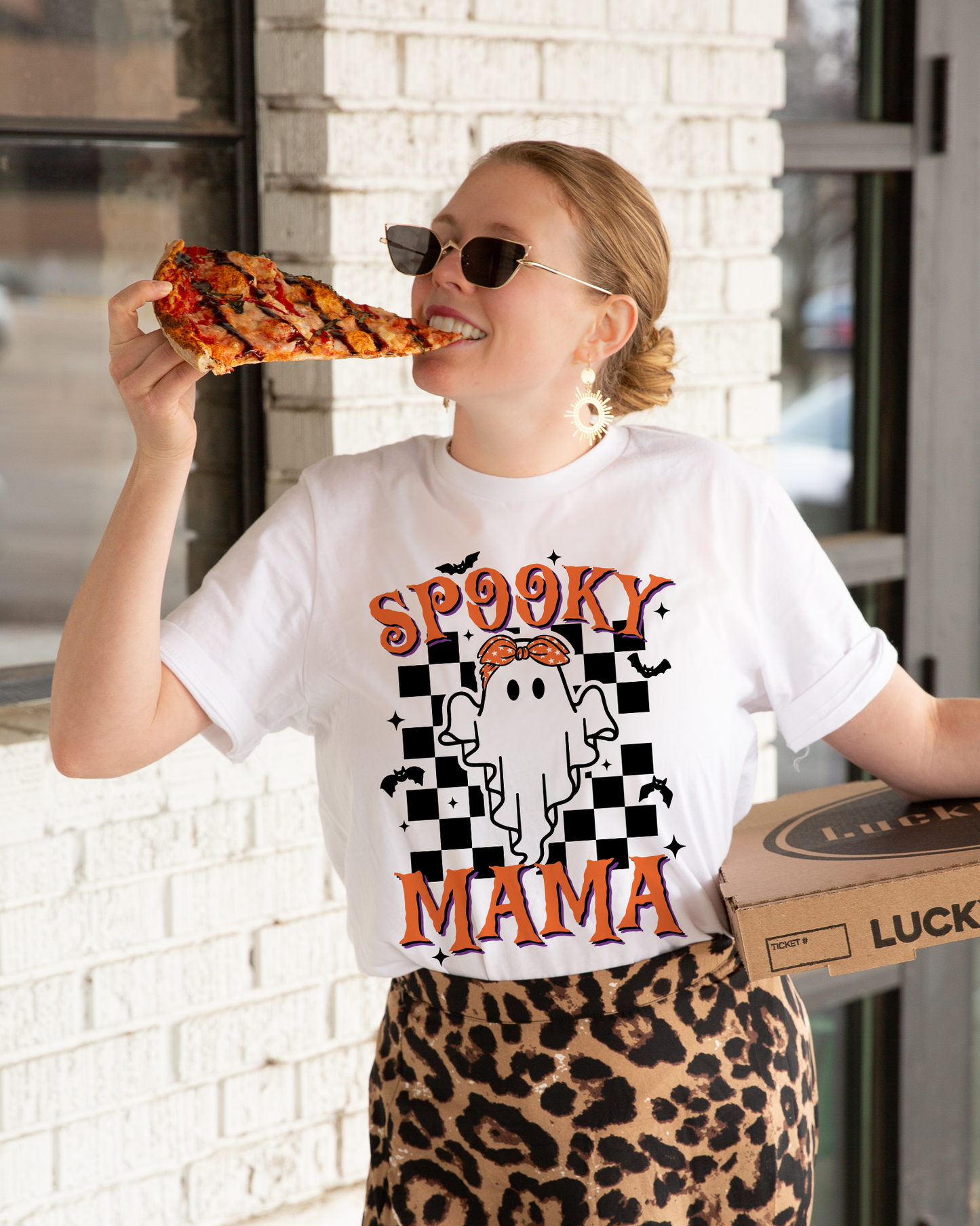 Spooky Mama in checkered Halloween t shirt