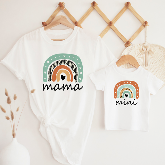 boho rainbow mama and mini on white t shirts