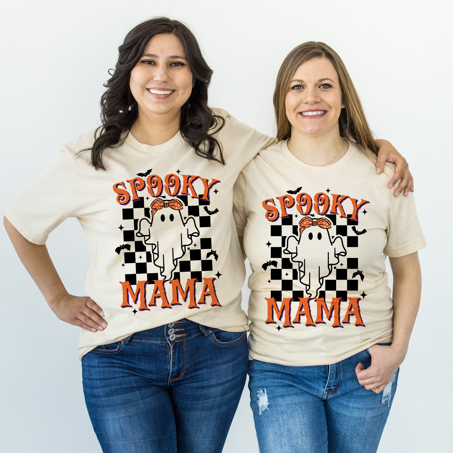 Spooky Mama in checkered Halloween t shirt