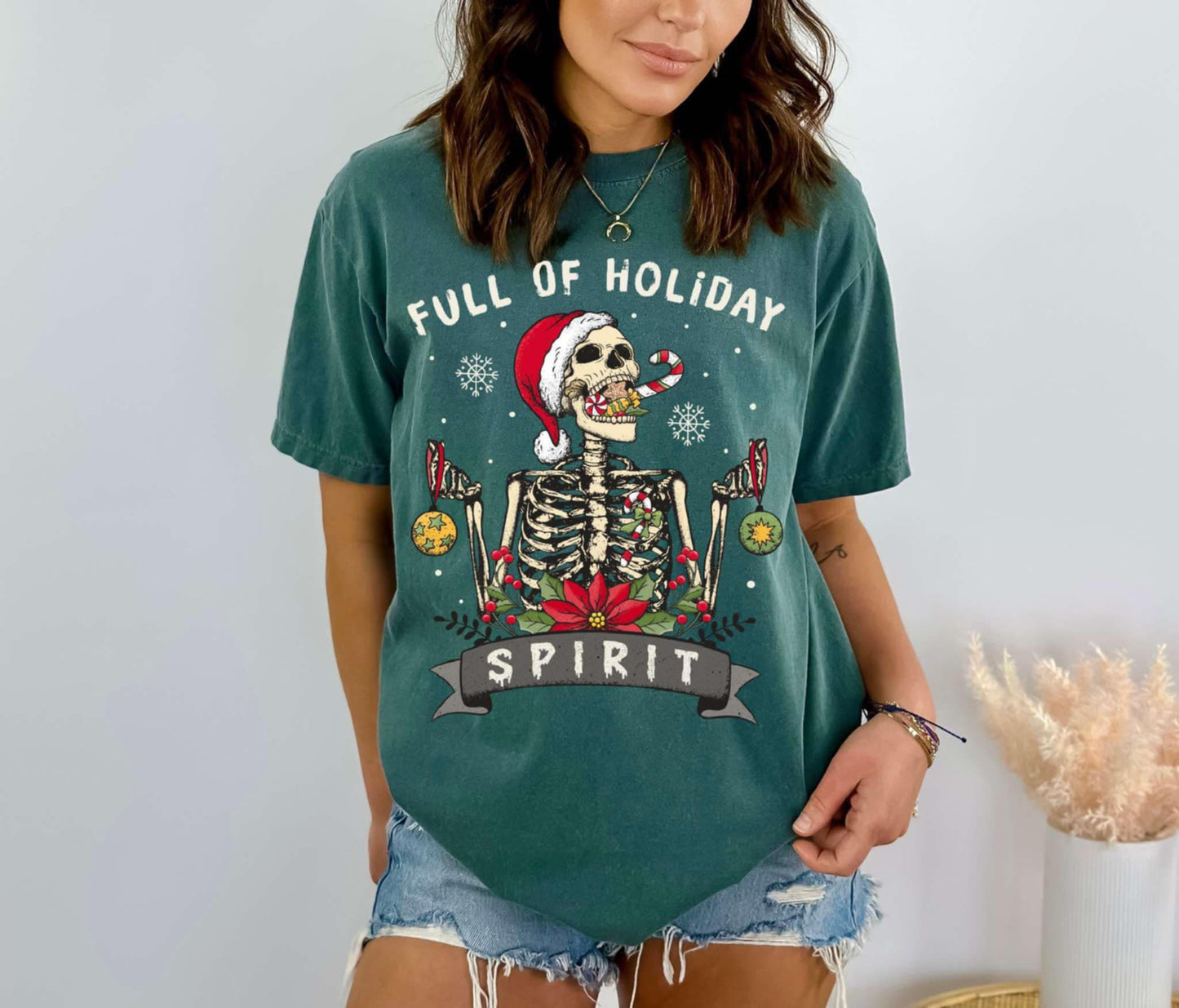 Holiday Spirit and Skeleton Christmas Shirt in Green Spruce