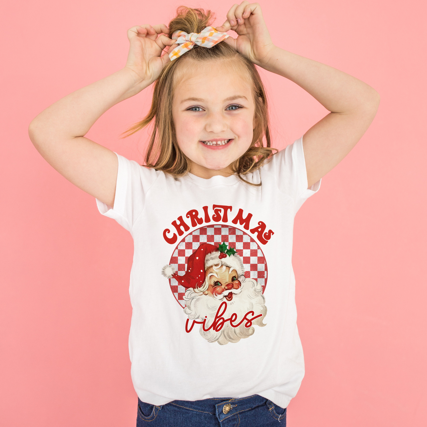 Red Santa Christmas vibes kids t shirts