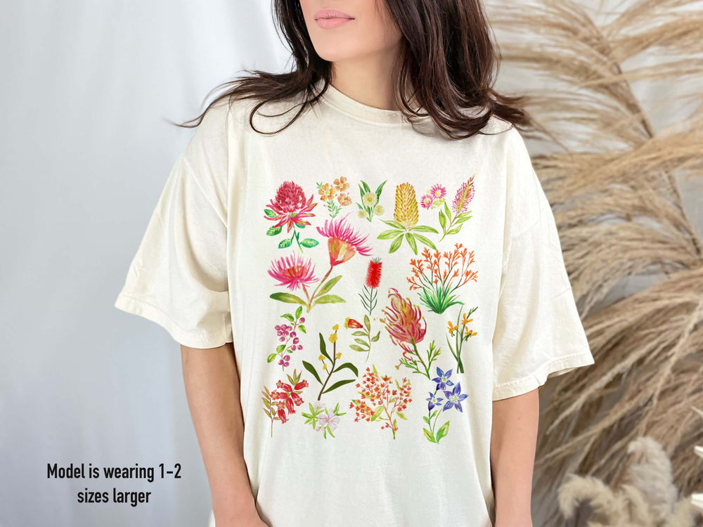 Ivory Comfort Colors floral t shirt featuring Australian native blooms