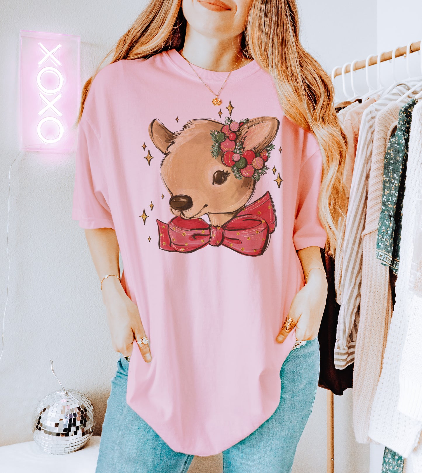 Reindeer with bow shirt in Comfort Colors