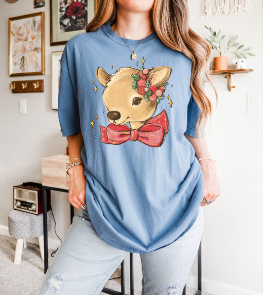 Reindeer with bow shirt in Comfort Colors
