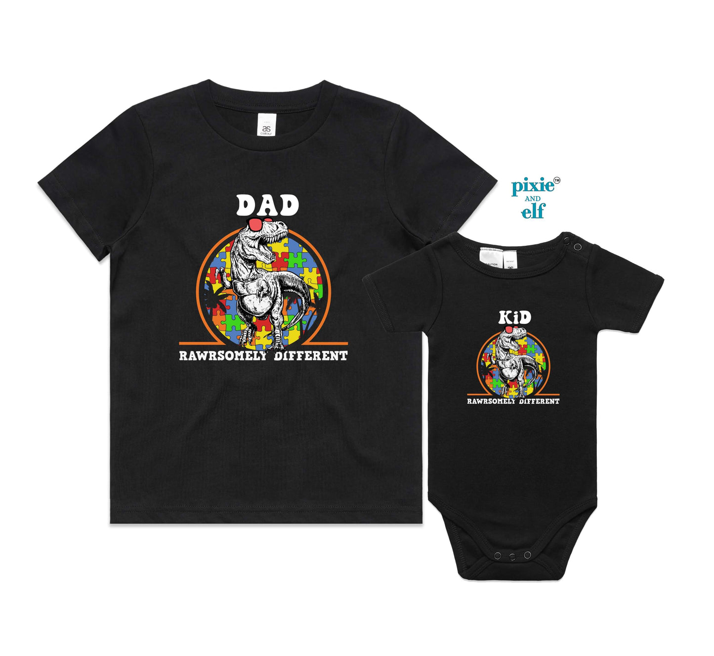 Rawrsomely Different Autism awareness Dad and kid matching shirt