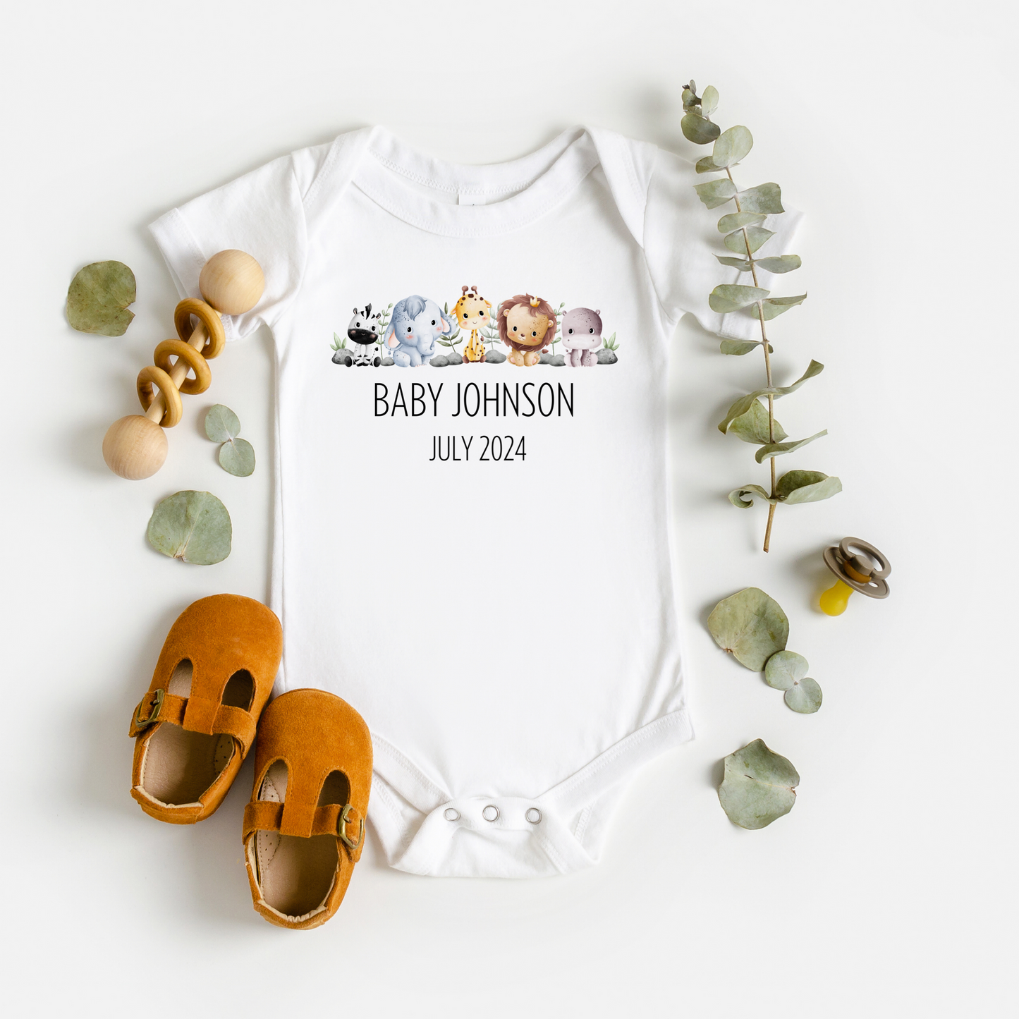 Personalised name Safari Baby Onepiece for Pregnancy Announcement