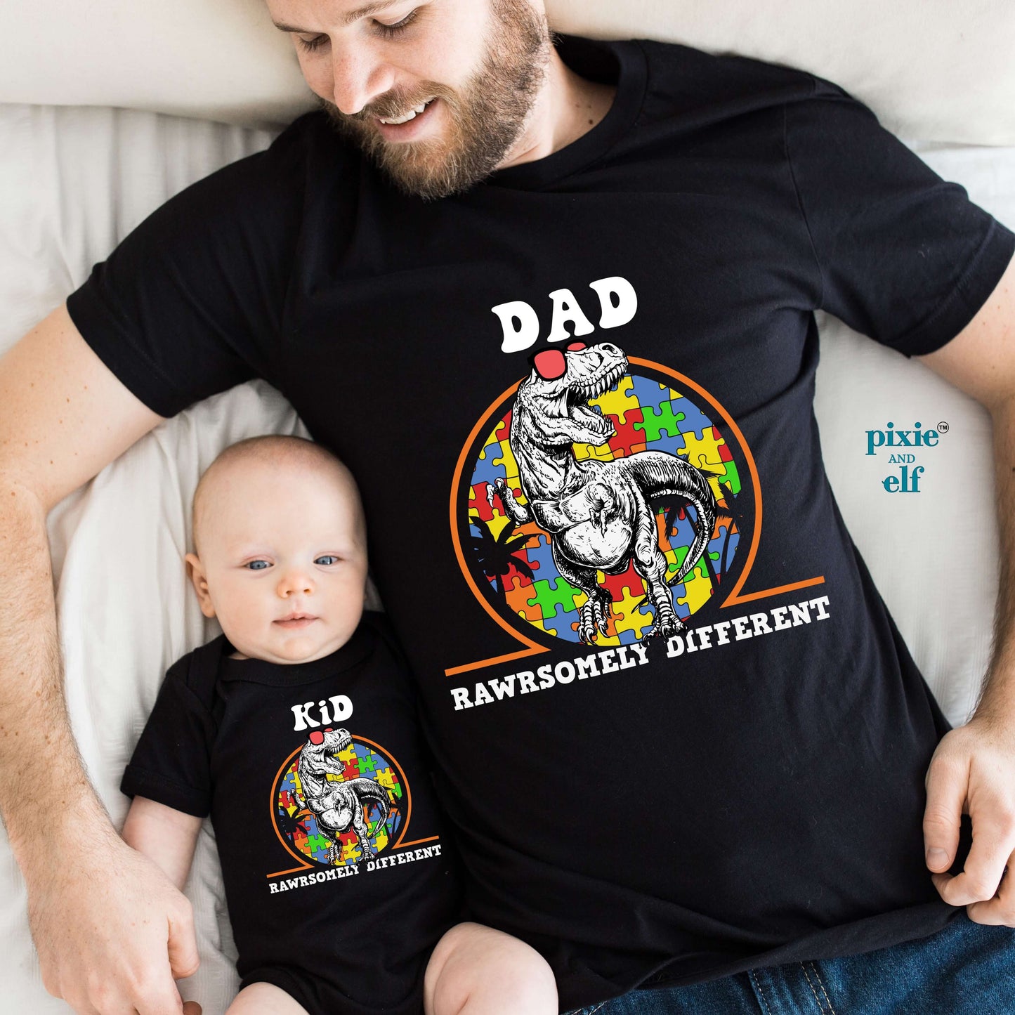 Rawrsomely Different Autism awareness Dad and kid matching shirt