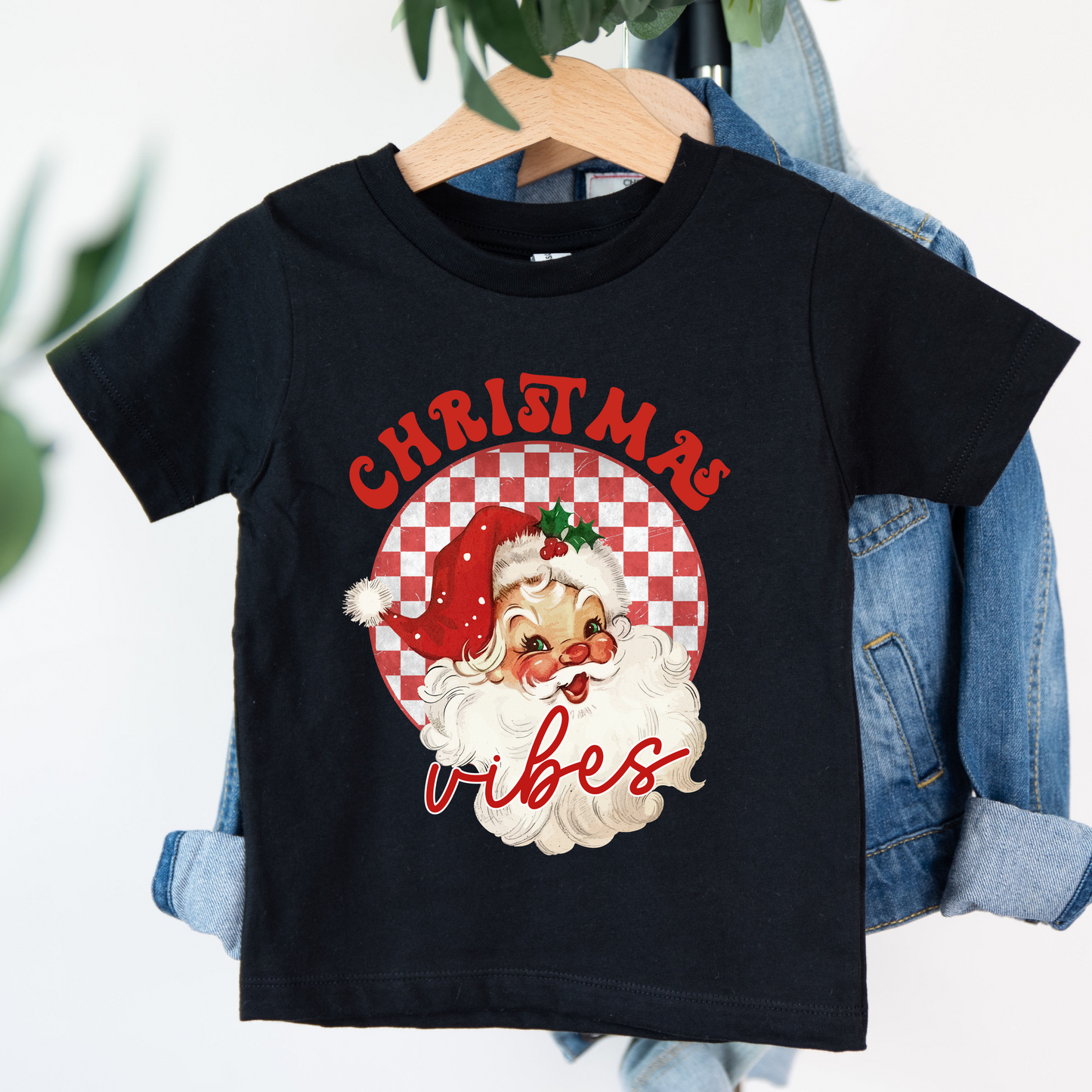 Red Santa Christmas vibes kids t shirts