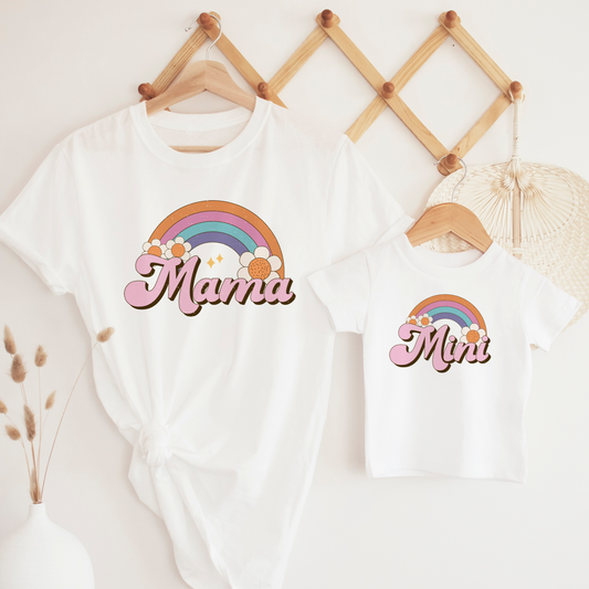 Rainbow Mama on an adult white t shirt and rainbow mini on kids white t shirt