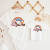 Rainbow Mama on an adult white t shirt and rainbow mini on kids white t shirt