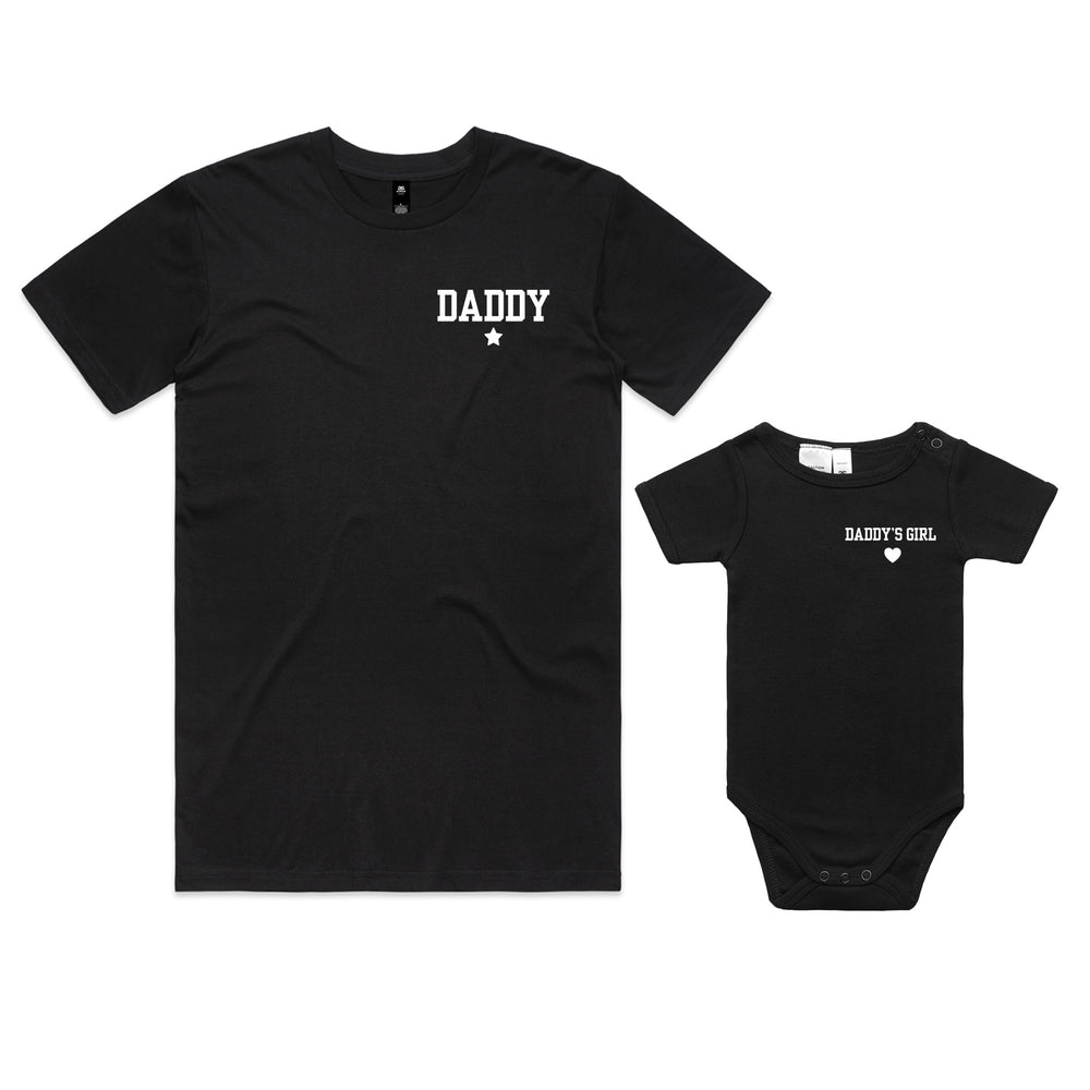 Daddy t-shirt with star graphic paired with a matching Daddy's Girl baby onesie featuring a heart design