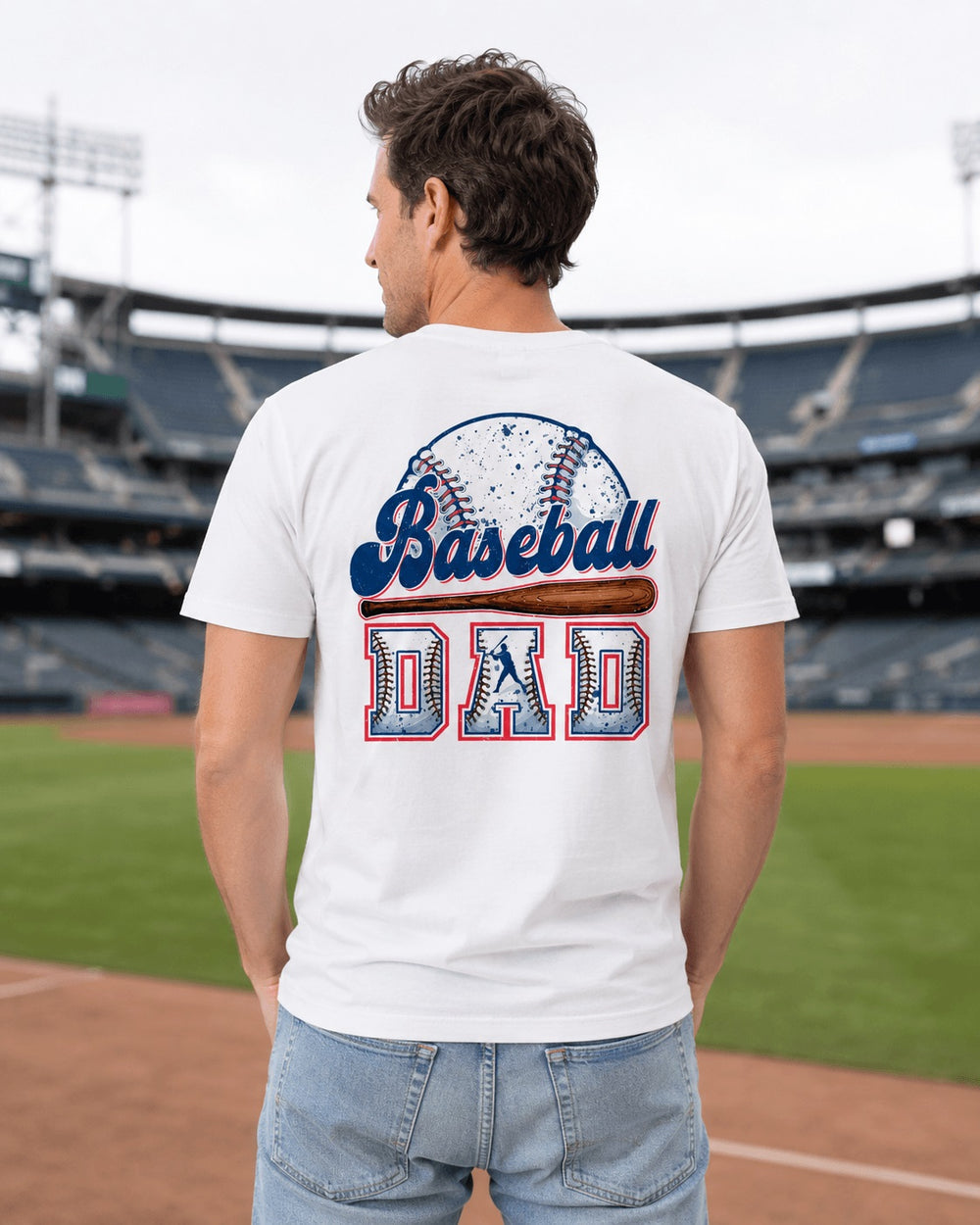 dad wearing a baseball dad shirt