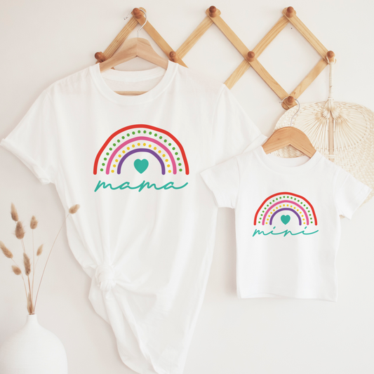 mama and mini rainbow on white shirts