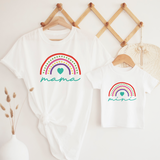 mama and mini rainbow on white shirts