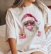 Santa Peaace Out Christmas T-Shirt in Ivory