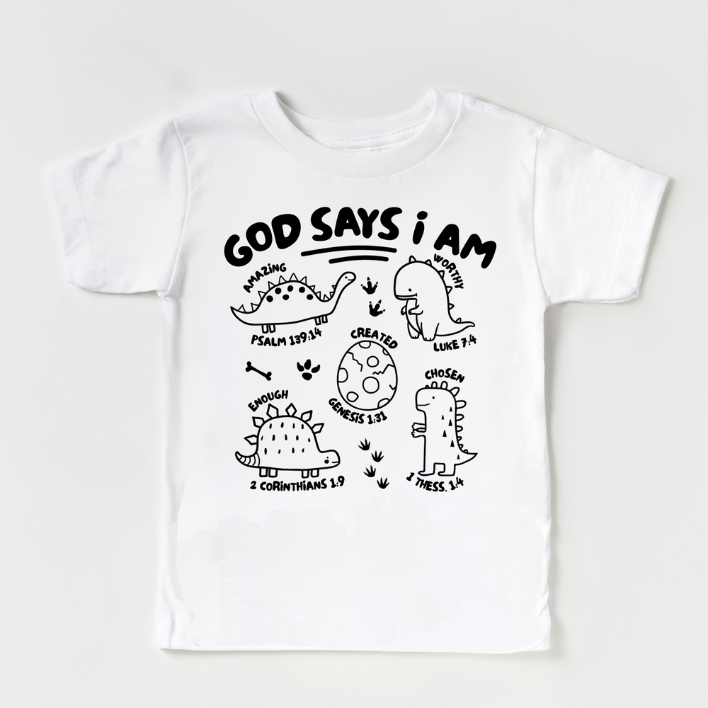 White T-shirt with text God says I am