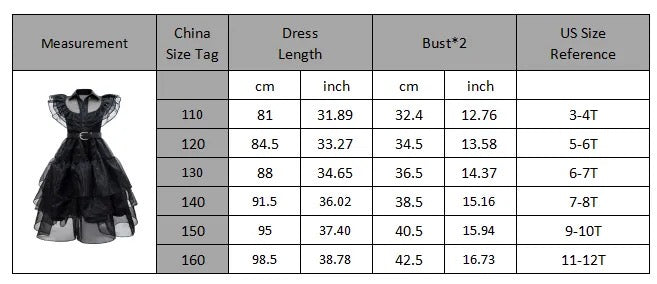 Size chart of the Wednesday Addams dress