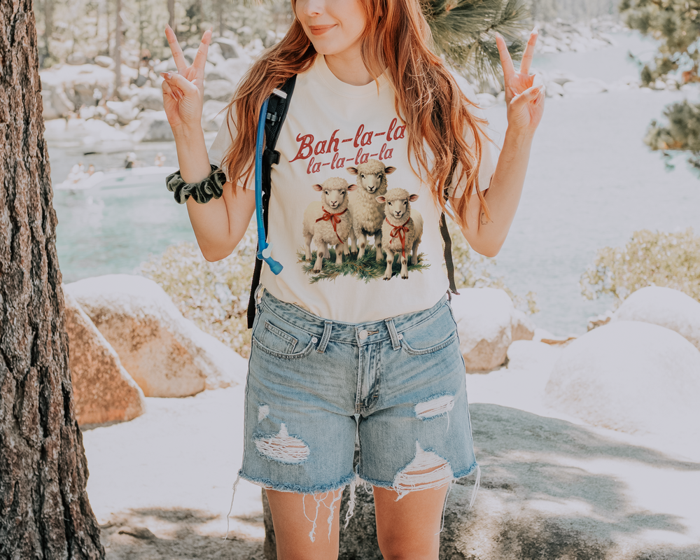 Person wearing a t-shirt with sheep graphics and denim shorts in a snowy landscape