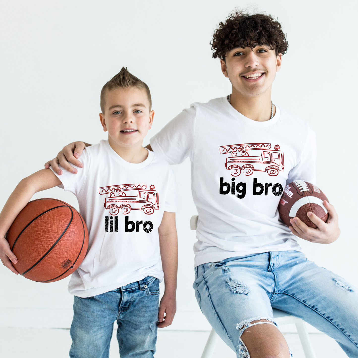 Big Brother Little Brother t shirt with fire truck