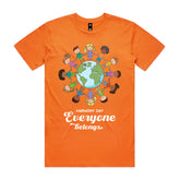 Orange t-shirt with a graphic of children around the world and 'Harmony Day Everyone Belongs' text on a white background.
