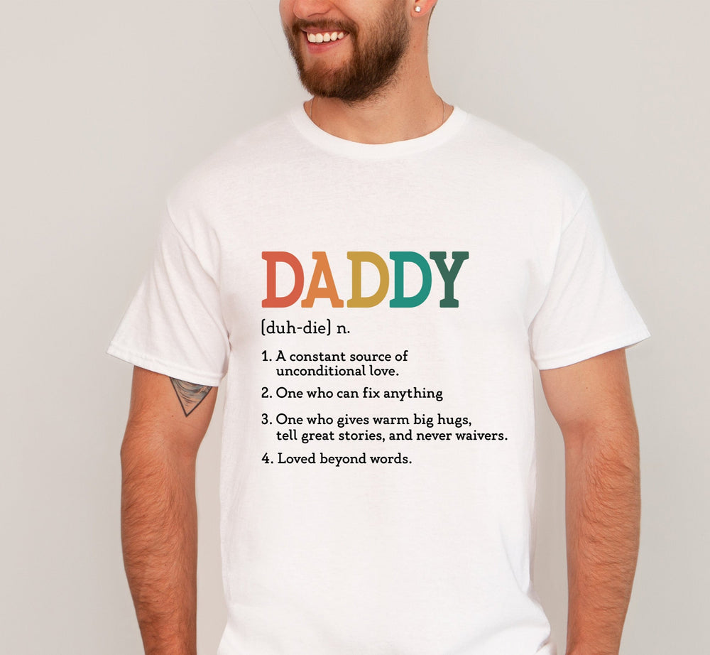 front view of Daddy Definition shirt in white