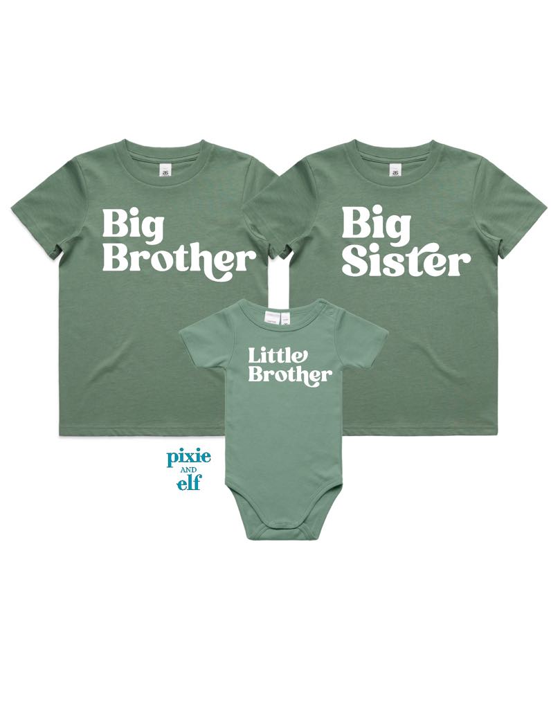 Set of green shirts and a onesie with 'Big Brother', 'Big Sister', and 'Little Brother' text on a white background.