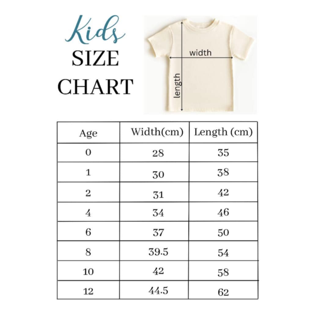 A graphic image showing a 'Kids Size Chart' for a white Christmas shirt with a list of sizes from 0000 to 125, labeled with their corresponding ages and heights in centimeters.