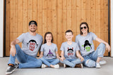 family wearng the Halloween Monster Family Shirts in grey