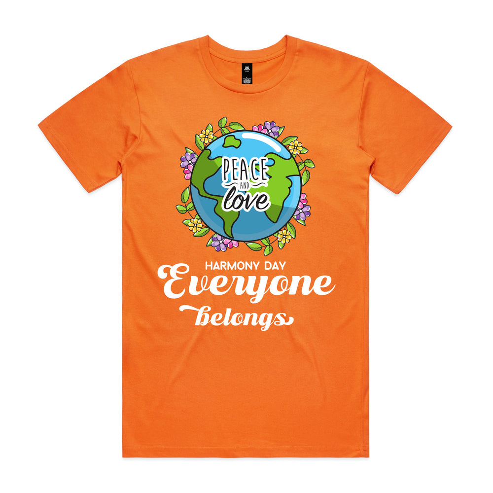 Orange t-shirt with a graphic of the Earth and text Harmony day Everyone Belongs on a white background