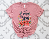 Faded rose t-shirt with 'Praise the Lord' text and floral design on a patterned background