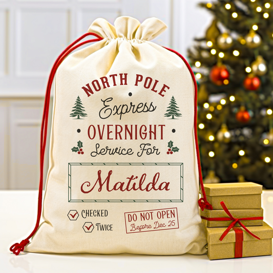 A beige fabric sack with 'NORTH POLE EXPRESS Overnight Service for MATILDA' printed in green and red, with a Christmas tree and gifts design, placed under a Christmas tree.