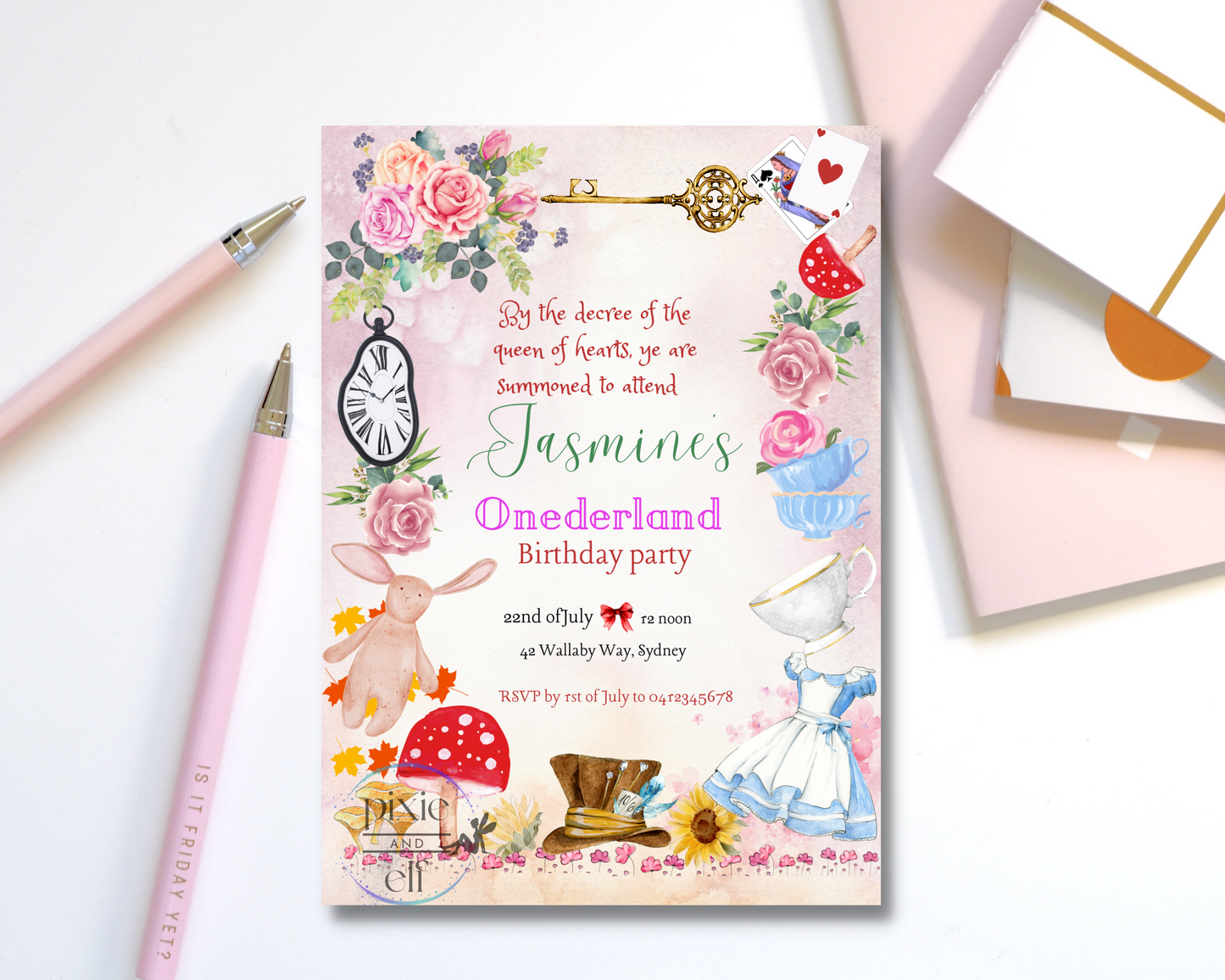 Alice in Wonderland birthday invitation DIGITAL