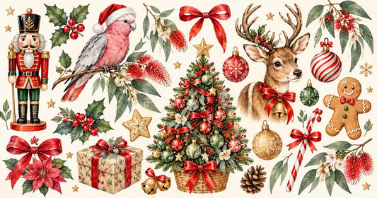 Christmas design inspiration featuring a nutcracker, reindeer, gingerbread person, decorated Christmas tree, baubles, candy canes, holly, ribbons and an Australian galah with eucalyptus sprigs.