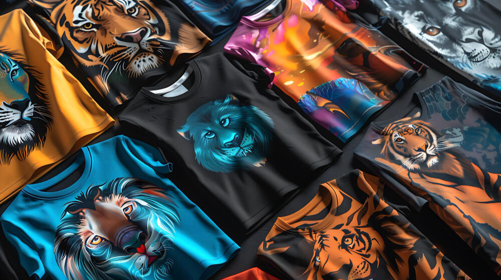 Collection of colorful graphic tees with unique designs