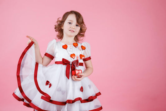 little girl wearing a Valentine's day outfit