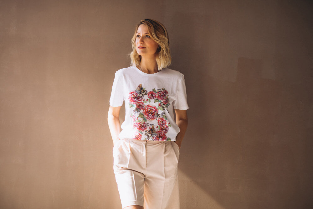 woman wearing a floral printed shirt