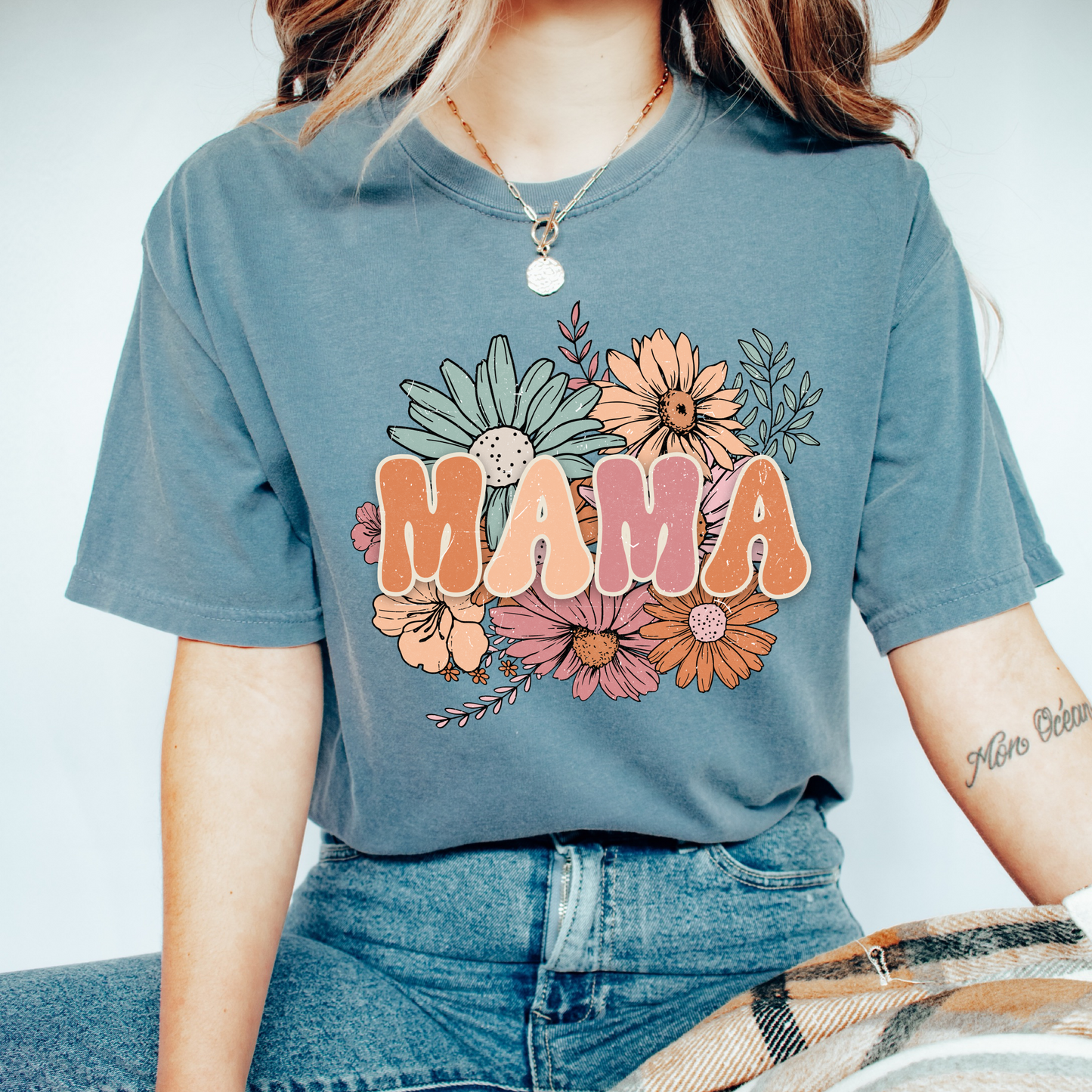 Mama with Retro Flowers t shirt in Comfort Colors