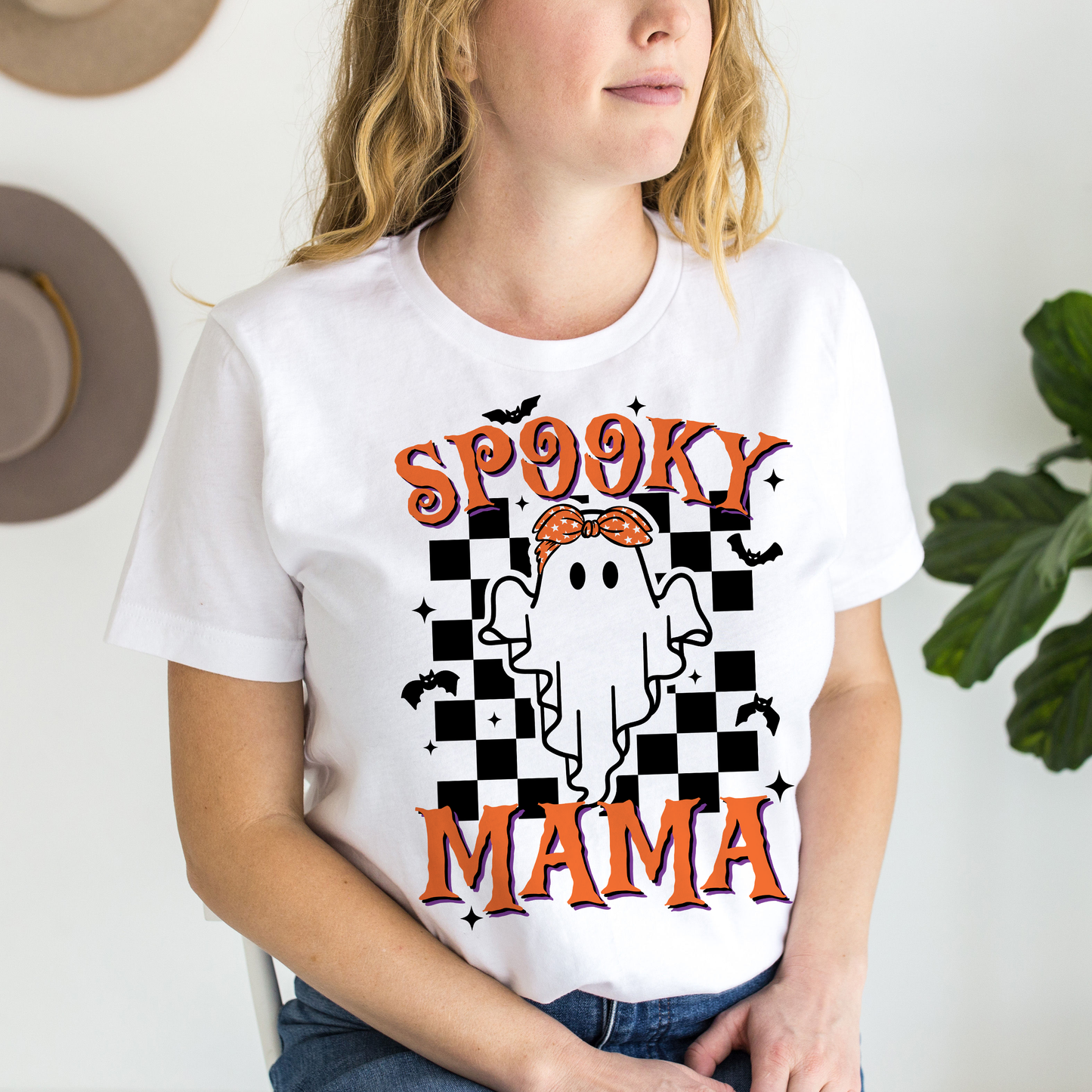 Spooky Mama in checkered Halloween t shirt