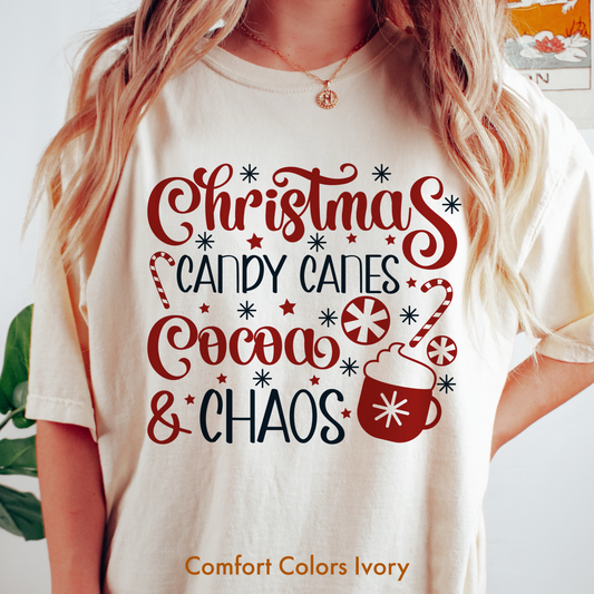 Candy canes Cocoa and Chaos Christmas t shirt