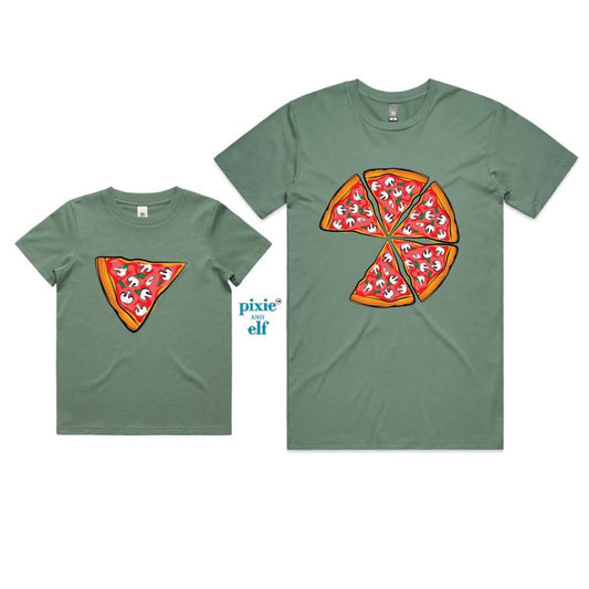 Matching pizza slice shirt for dad and child