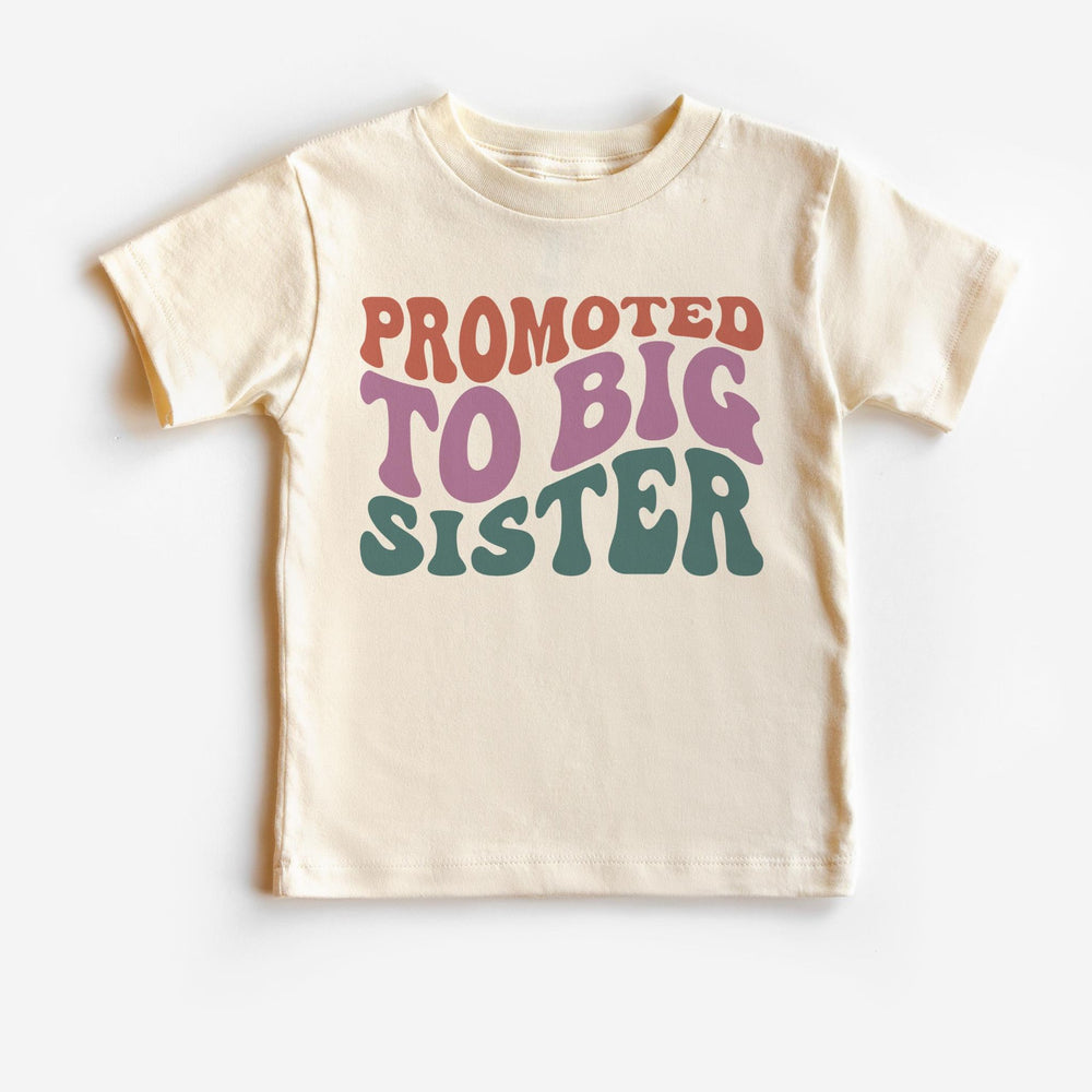 A white t-shirt with text 'Promoted to Big Sister' in colorful letters, indicating the shirt is for a young girl who has just become a big sister.