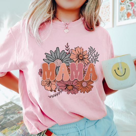 Mama with Retro Flowers t shirt in Comfort Colors