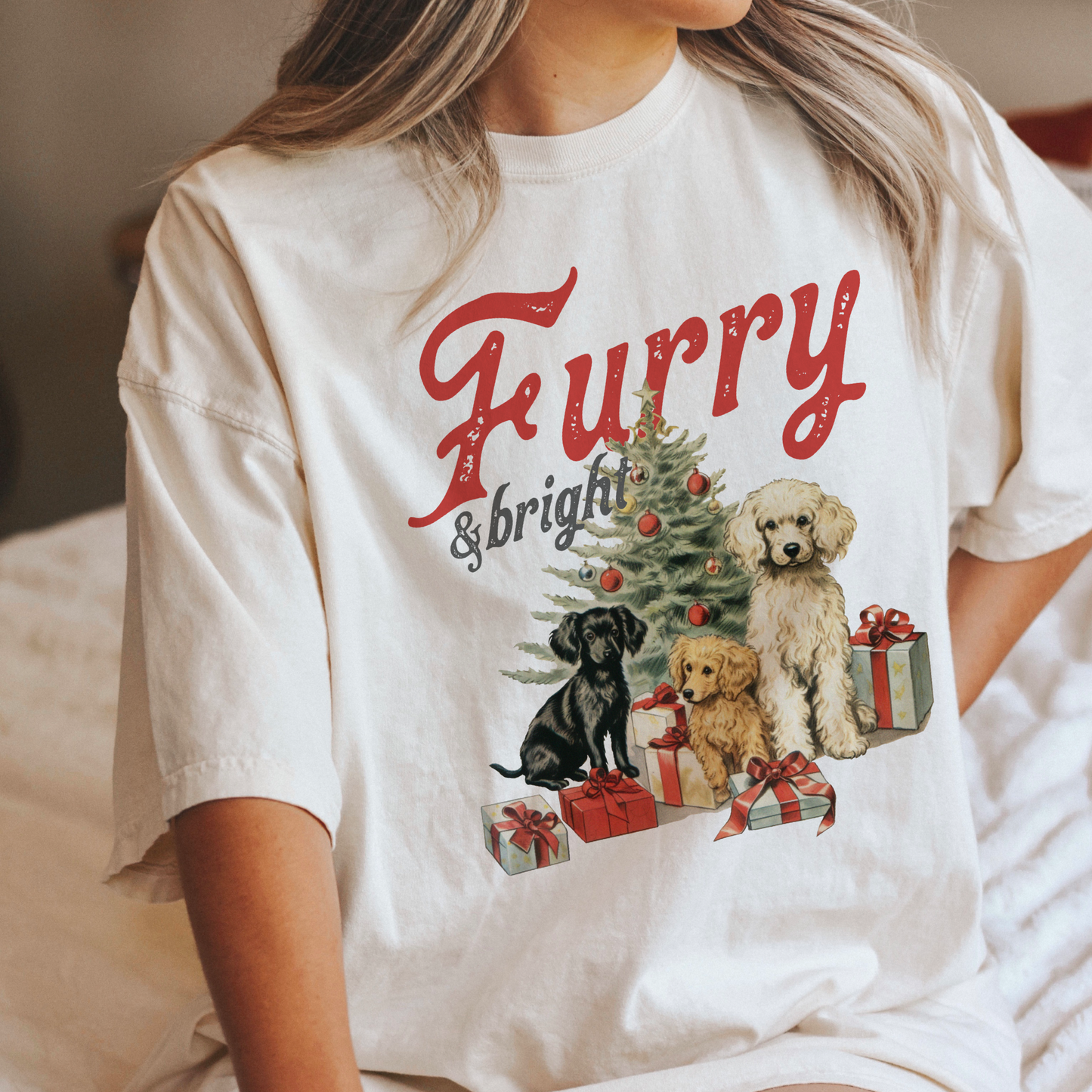 Furry and Bright Vintage Dogs Christmas t shirt