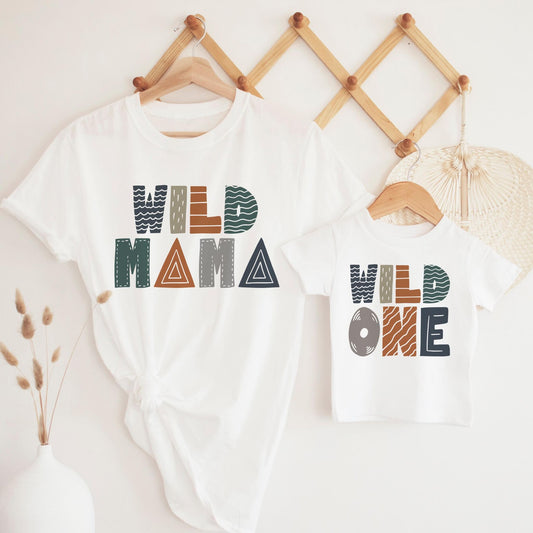 Wild one and Wild Mama graphic print birthday shirts in white