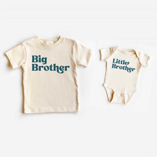 Big brother shirt and little brother bodysuit matching outfits in natural